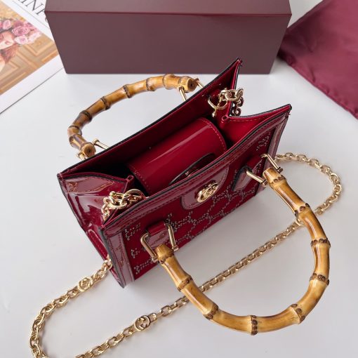 Gucci Diana Mini Tote Bag Red Patent Leather GG Crystal Embellishment - Image 6