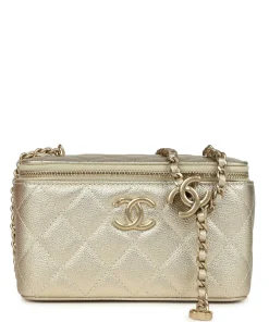 Chanel Small Classic Vanity Case Light Gold Metallic Caviar Brushed Light Gold Hardware