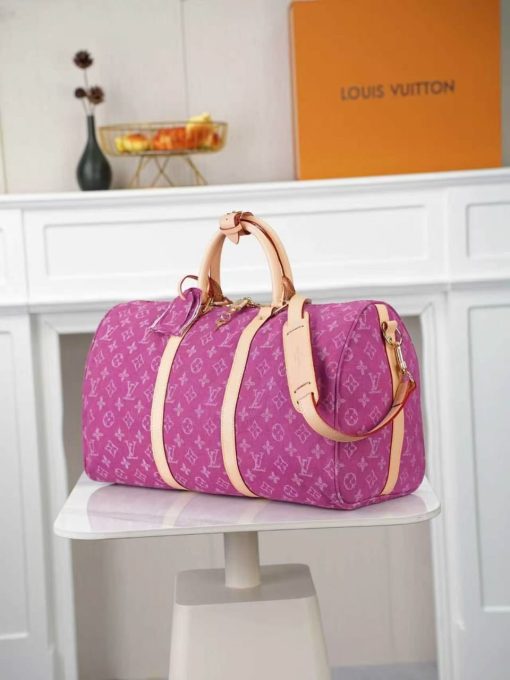 Louis Vuitton Keepall Bandouliere 45 Pink Monogram Denim Gold Hardware - Image 2
