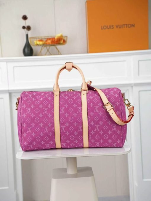 Louis Vuitton Keepall Bandouliere 45 Pink Monogram Denim Gold Hardware - Image 6