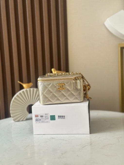 Chanel Small Classic Vanity Case Light Gold Metallic Caviar Brushed Light Gold Hardware - Image 2