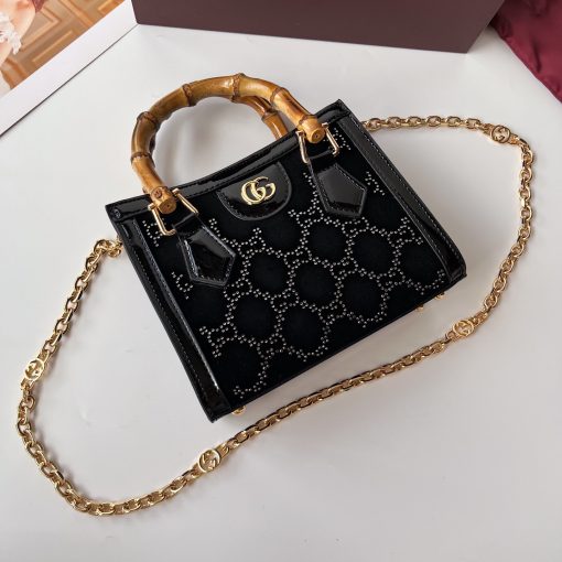 Gucci Diana Mini Tote Bag Black Patent Leather GG Crystal Embellishment - Image 5