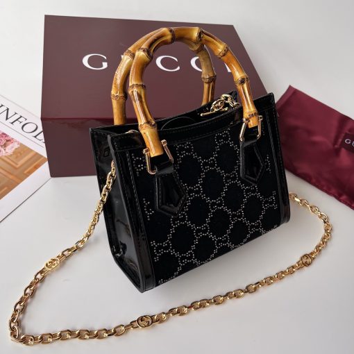 Gucci Diana Mini Tote Bag Black Patent Leather GG Crystal Embellishment - Image 2