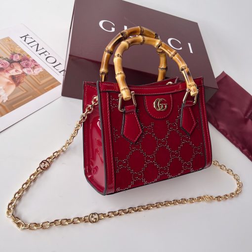 Gucci Diana Mini Tote Bag Red Patent Leather GG Crystal Embellishment - Image 2