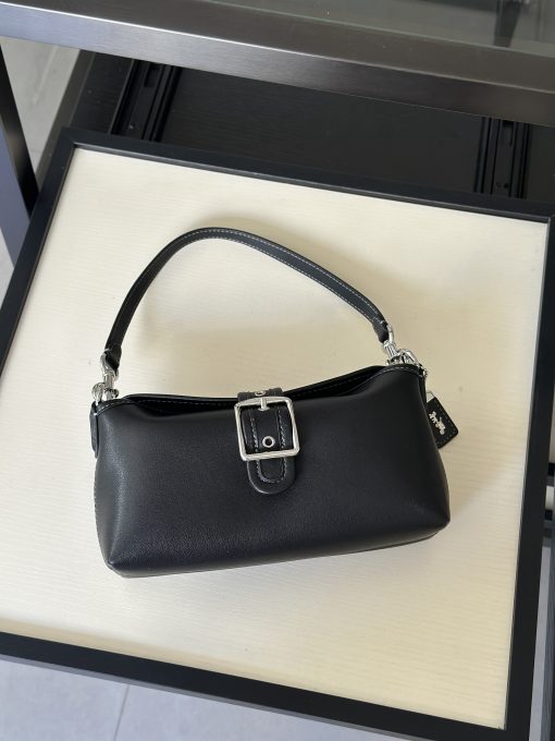 East-West Buckle Shoulder Bag Black Leather Silver Hardware - Image 5