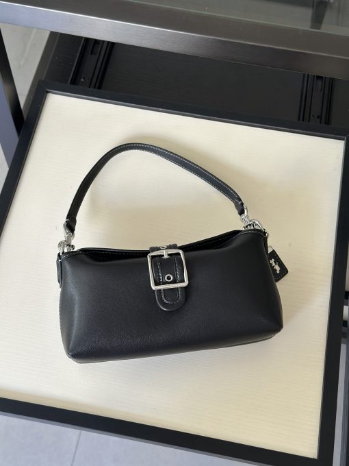 East-West Buckle Shoulder Bag Black Leather Silver Hardware - Image 4
