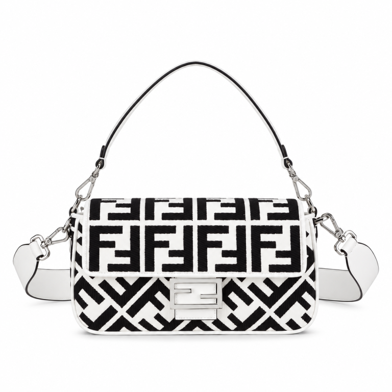 Fendi Baguette Medium Black and White FF Tapestry Fabric