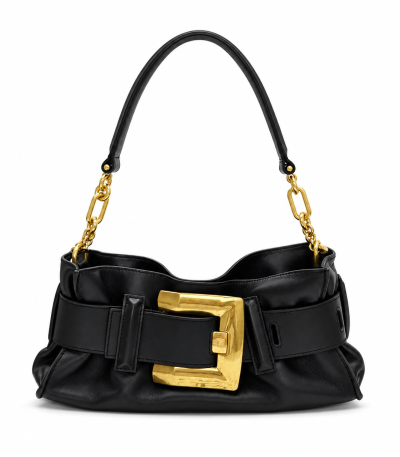 Balmain Anthem Belted Shoulder Bag Black Leather Gold Hardware