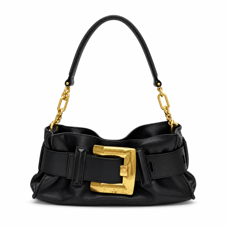 Balmain Anthem Belted Shoulder Bag Black Leather Gold Hardware