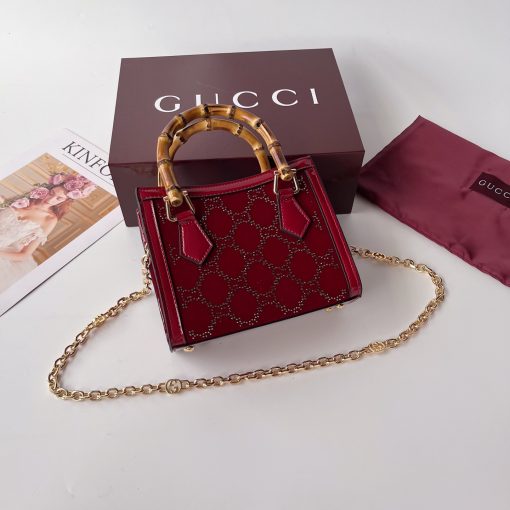 Gucci Diana Mini Tote Bag Red Patent Leather GG Crystal Embellishment - Image 4