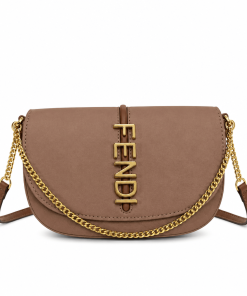 Fendi Crossbody Bag Tan - Gold Letter Chain Saddle Bag