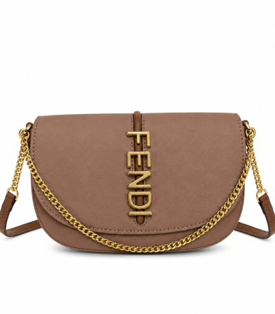 Fendi Crossbody Bag Tan - Gold Letter Chain Saddle Bag