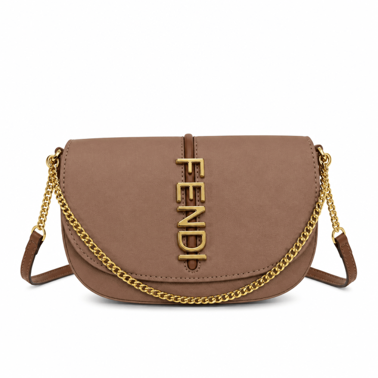 Fendi Crossbody Bag Tan - Gold Letter Chain Saddle Bag