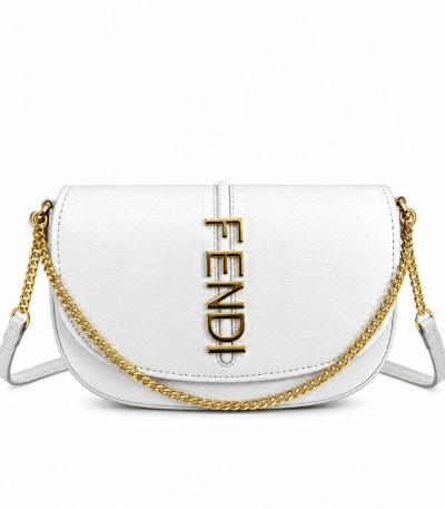 Fendi Crossbody Bag White - Gold Letter Chain Saddle Bag