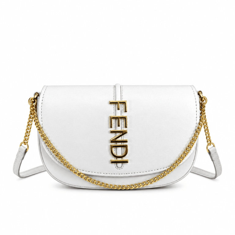 Fendi Crossbody Bag White - Gold Letter Chain Saddle Bag