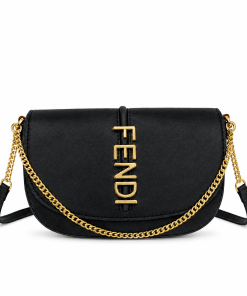 Fendi Crossbody Bag Black - Gold Letter Chain Saddle Bag
