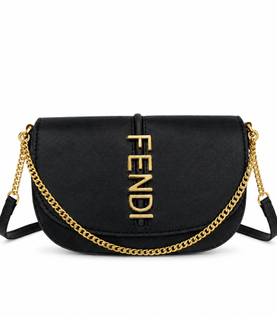 Fendi Crossbody Bag Black - Gold Letter Chain Saddle Bag