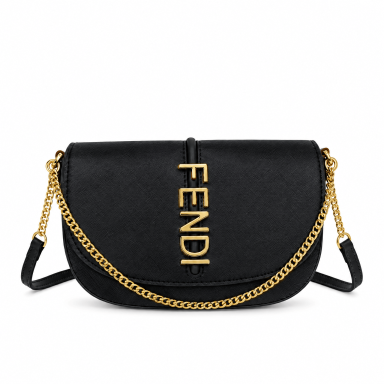 Fendi Crossbody Bag Black - Gold Letter Chain Saddle Bag