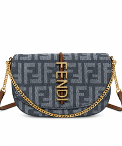 Fendi Crossbody Bag Blue Denim - Gold Letter Chain Saddle Bag