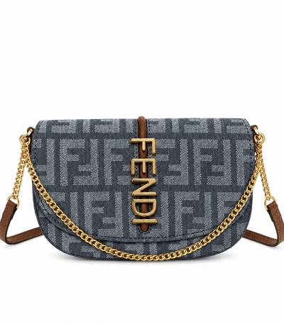 Fendi Crossbody Bag Blue Denim - Gold Letter Chain Saddle Bag