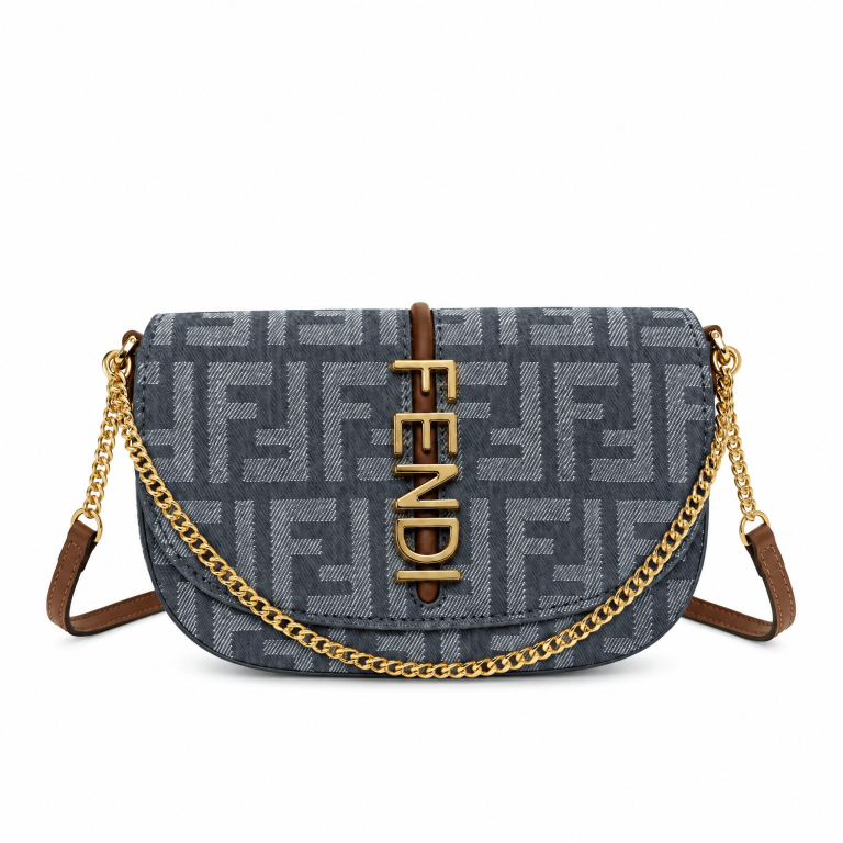 Fendi Crossbody Bag Blue Denim - Gold Letter Chain Saddle Bag