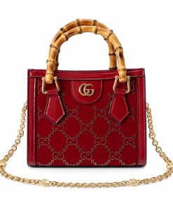 Gucci Diana Mini Tote Bag Red Patent Leather GG Crystal Embellishment - Front View
