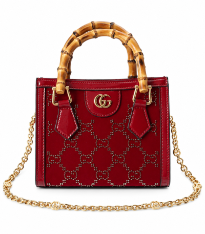 Gucci Diana Mini Tote Bag Red Patent Leather GG Crystal Embellishment - Front View