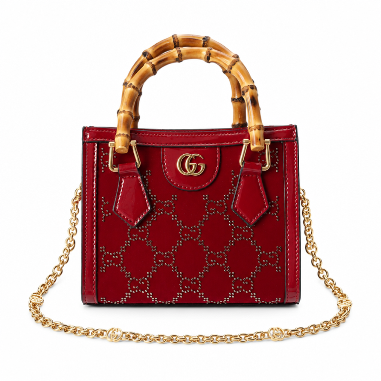 Gucci Diana Mini Tote Bag Red Patent Leather GG Crystal Embellishment - Front View