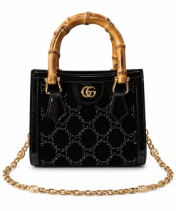 Gucci Diana Mini Tote Bag Black Patent Leather GG Crystal Embellishment - Front View