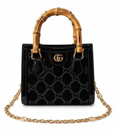 Gucci Diana Mini Tote Bag Black Patent Leather GG Crystal Embellishment - Front View