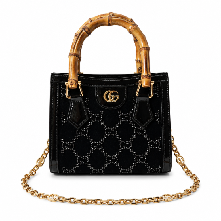 Gucci Diana Mini Tote Bag Black Patent Leather GG Crystal Embellishment - Front View
