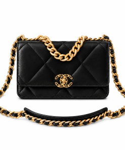 Chanel 19 Wallet on Chain Black Quilted Lambskin Gold Hardware - Front View