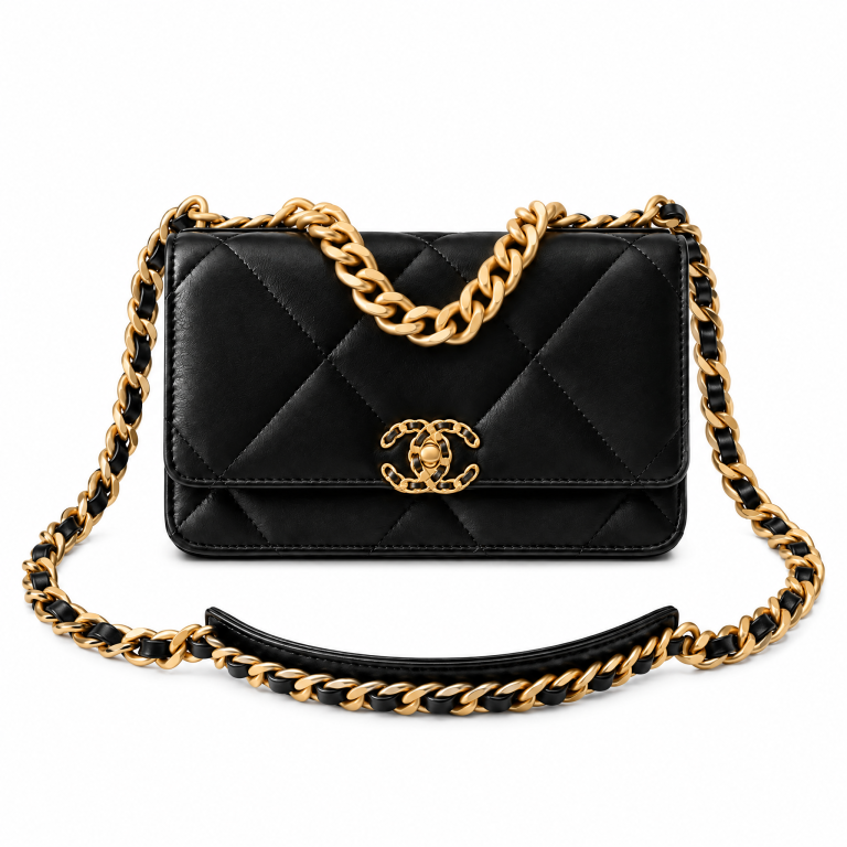 Chanel 19 Wallet on Chain Black Quilted Lambskin Gold Hardware - Front View